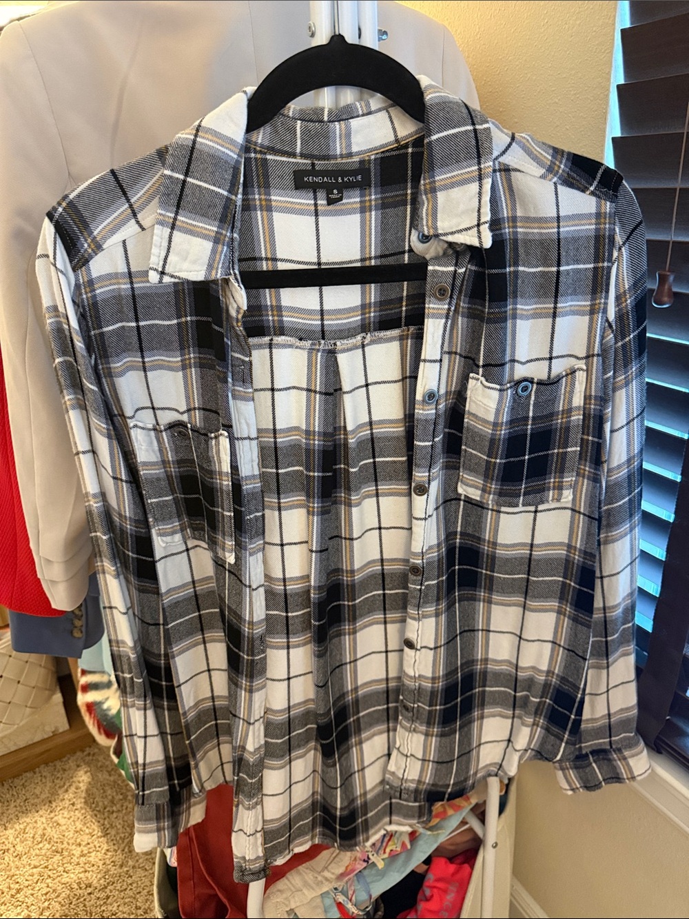 Kendall & Kylie Black, Gray and White Plaid Button-Down Shirt